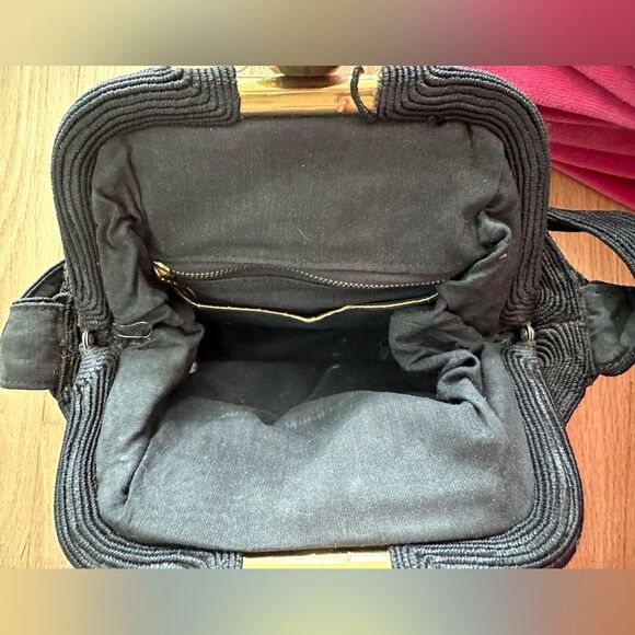 Vintage 1940s Genuine Corde Black Handbag with Brass Clasp Frame Bag Clutch - Picture 4 of 14